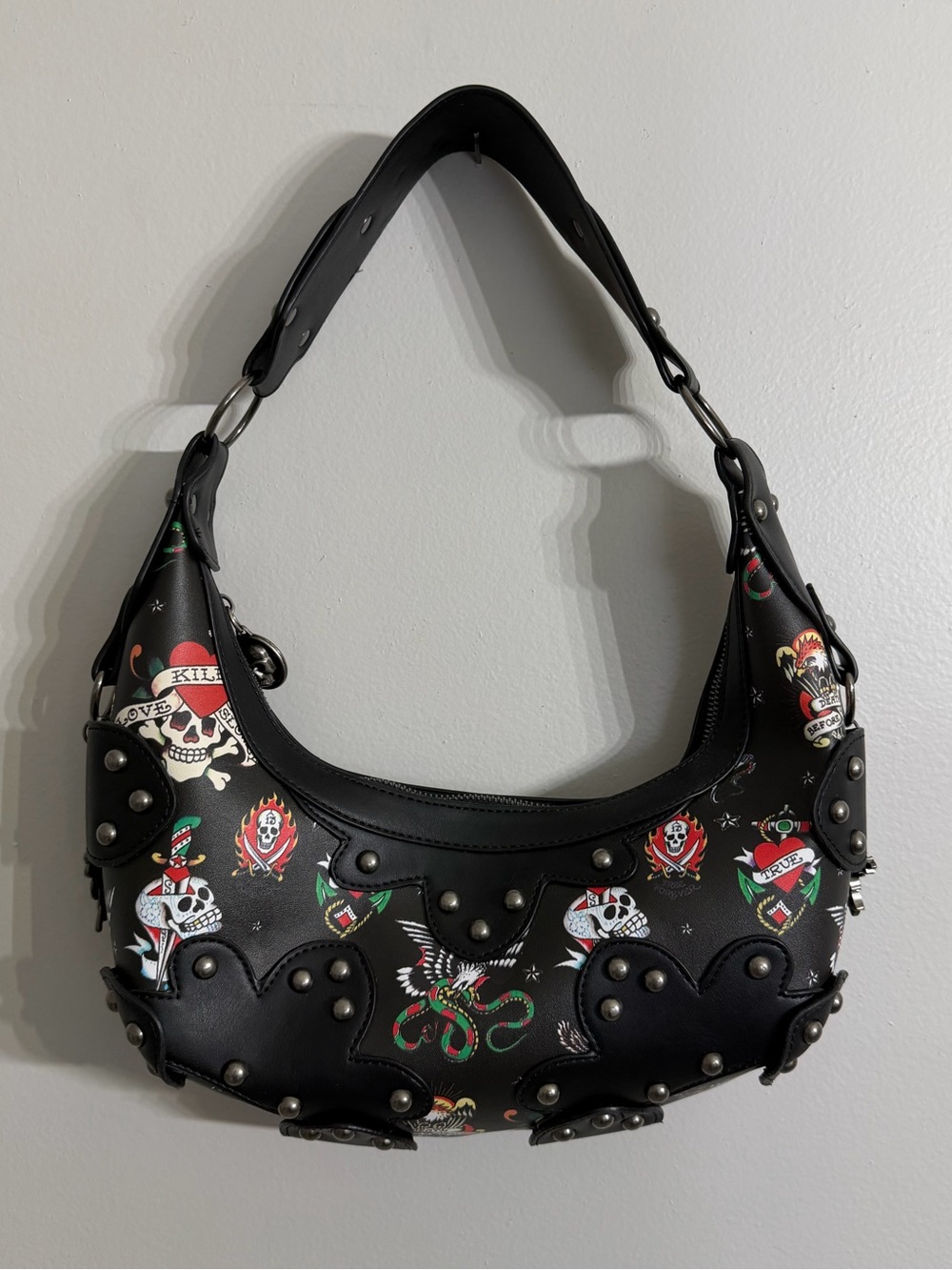 Ed Hardy Tattoo Print Studded Hobo Shoulder Bag